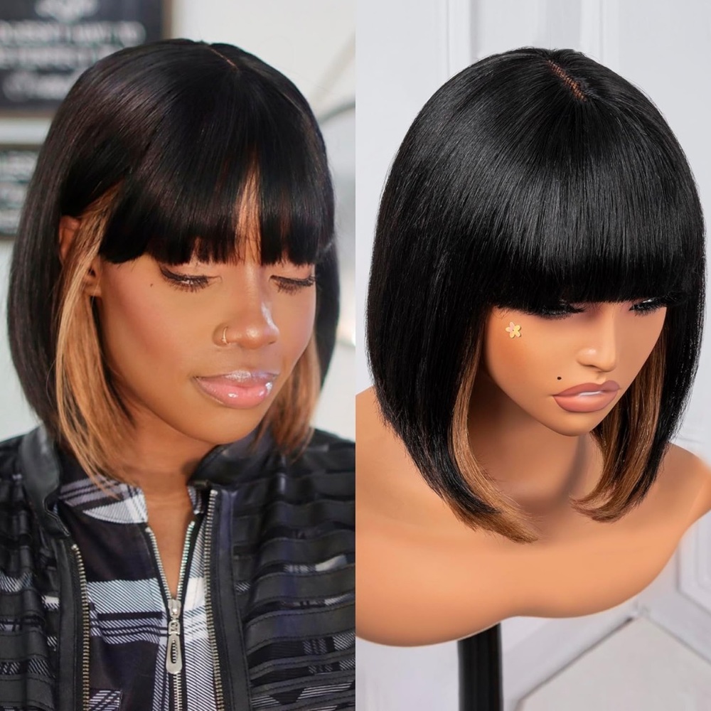 Human Hair short Bob Wigs With Bangs - 10 Inch Black Mix Brown S (10 Inch, SH30)